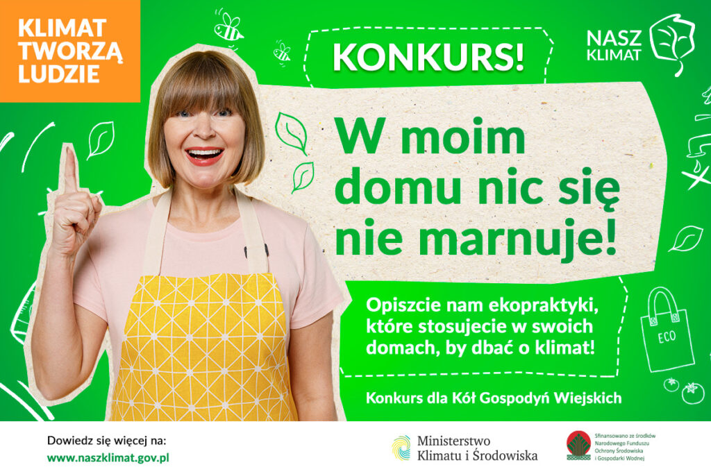 Grafika przedstawiająca kobietę w fartuszku i hasłami dotyczącymi konkursu