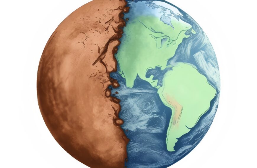 Podzielona grafika Ziemi przedstawiająca zdrowy i wysuszony klimat, symbolizująca wpływ zmian klimatycznych na planetę.